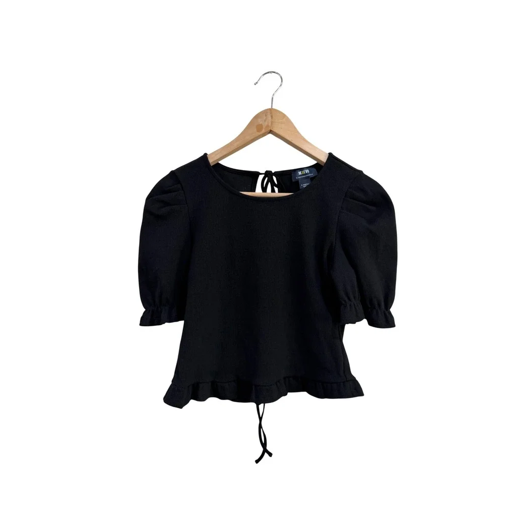 Maeve Anthropologie Black Puff Sleeve Tie Back Ruffle Hem Ribbed Top XS